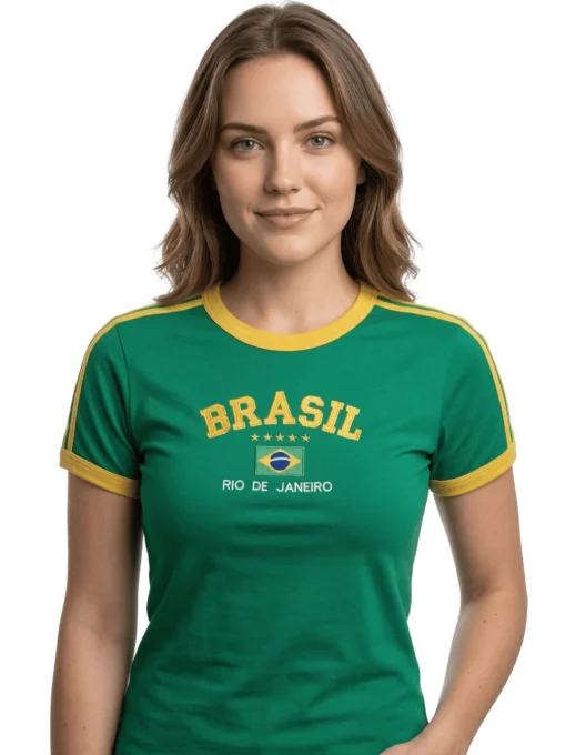 Camisa Brasil Bordada BabyLook Feminina