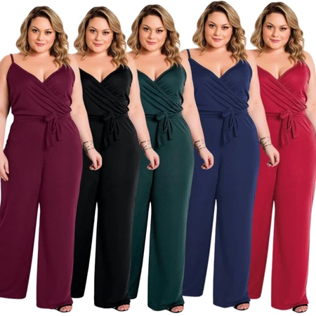 Macacão Feminino Pantalona com Alças Transpassado Plus Size
