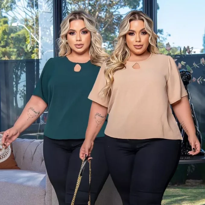 kit 2 Blusas variadas plus size feminina gola redonda com mangas